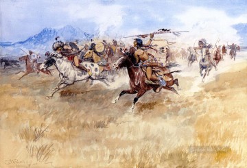 monochrome black white Painting - the battle between the blackfeet and the piegans 1897 Charles Marion Russell American Indians